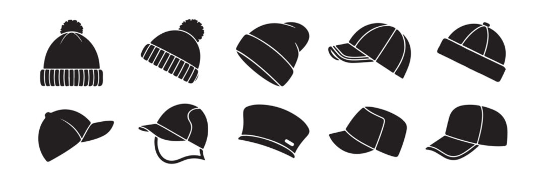 collection of black winter hats and baseball caps isolated on transparent background, winter headwear and casual headwear set, diverse hat styles for all seasons, clothing accessories for men women