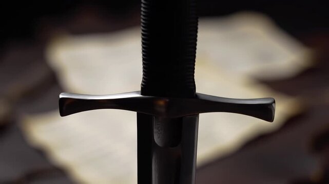 Close-up of a medieval sword with a blurred parchment background, creating a sense of history.