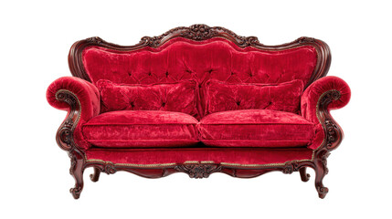 Ornate red velvet sofa with carved frame details, plush cushions, curved backrest, and decorative trim with subtle fabric sheen isolated on transparent background.