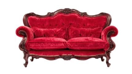 Ornate red velvet sofa with carved frame details, plush cushions, curved backrest, and decorative trim with subtle fabric sheen isolated on transparent background.