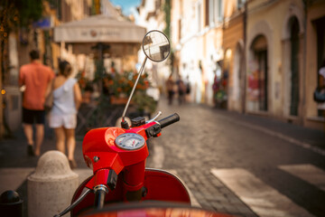Red scooter parked on a charming cobblestone street in a European city, with pedestrians and café in the background. Rome Italy © guteksk7