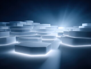 Abstract glowing platform landscape with layered geometric forms, futuristic digital terrain visualizing structure, depth, and technological progression