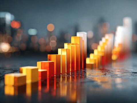 Glowing bar chart blocks rising in perspective against blurred city lights, abstract financial visualization expressing growth, analytics, and data driven success - Powered by Adobe