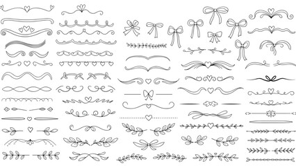 Extensive set of delicate hand drawn floral dividers, elegant ribbons, and romantic bows for decorative use in graphic design and crafts.
