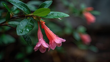 Pendulous pink and coral blossoms glisten with droplets after a rain shower