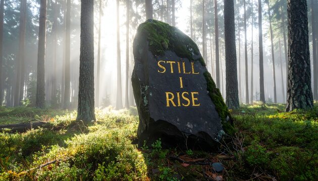 A dark monolithic stone slab engraved with the words Still I Rise standing in a misty sunlit forest with mossy ground texture