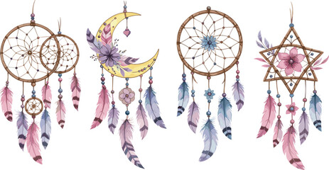 Boho dreamcatcher illustration set, moon and star designs, colorful feathers with beads, spiritual native decoration, wall art collection © Sree