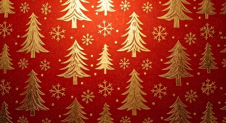 Gold Christmas trees and snowflakes on red background