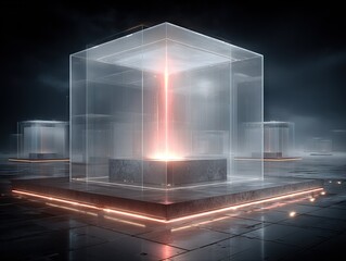 Futuristic transparent cube with inner energy beam, cinematic sci fi data core structure glowing in dark technological environment
