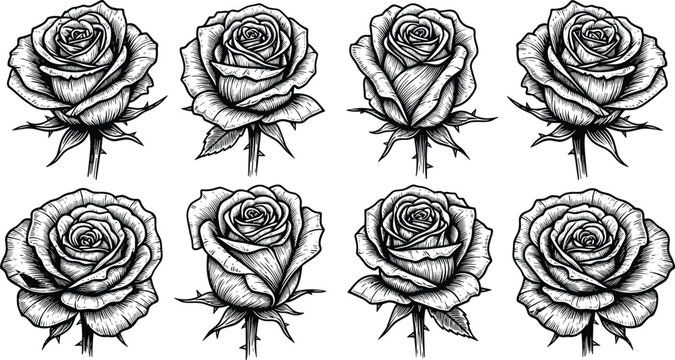 Hand drawn rose illustration set, black and white floral sketches, vintage botanical flowers, engraving style design, tattoo art collection