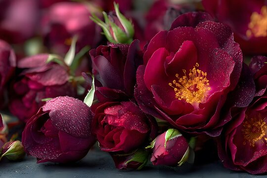 Close-Up of Dew-Kissed Red Roses with Vibrant Yellow Centers for Floral Design and Decor