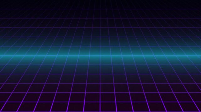 Retro Futuristic Neon Grid Horizon with Glowing Purple and Blue Lines.