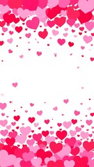 Pink and red hearts cascade down a white backdrop, creating a romantic, festive, and playful composition