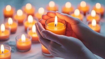 Holding a glowing candle with hands surrounded by many burning candles