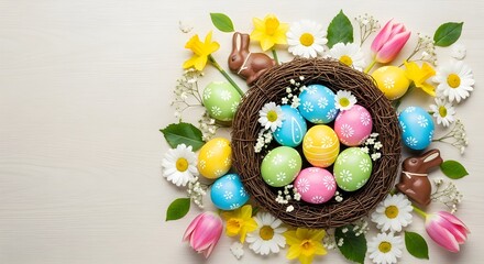 Easter nest with painted eggs, flowers and chocolate bunnies