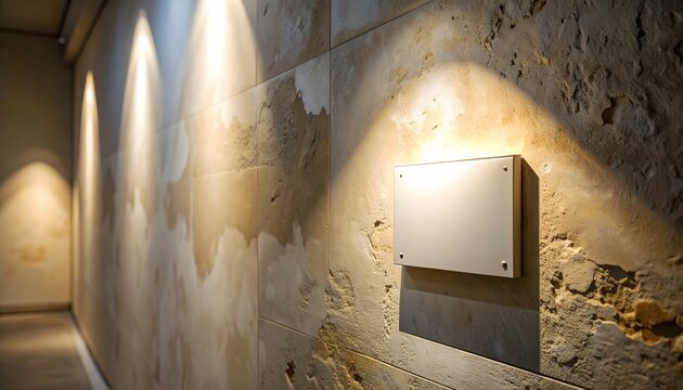 Horizontal museum wall label mockup with screws mounted on a rustic stone tiled wall featuring dramatic gallery spotlighting for art exhibits