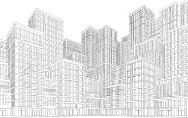 Fototapeta premium 3D Vector Cityscape Wireframe Showing Modern Architectural Buildings and Urban Infrastructure