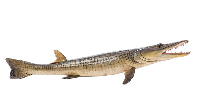 Elongated freshwater gar with a long snout and sharp teeth swimming