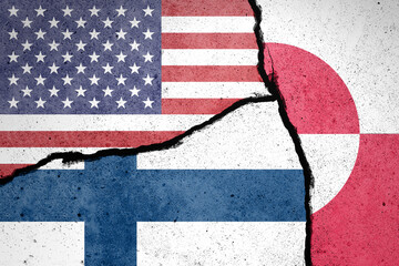 Flags of US, Finland and Greenland painted on cracked wall