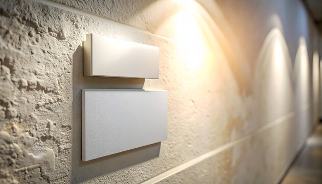 Minimalist museum wall sign mockup with blank white placard on a textured stone gallery wall featuring professional spotlighting for art exhibition display