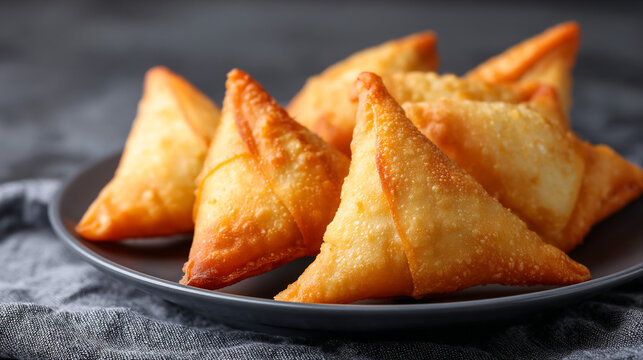 Heap of golden fried samosas served on a grey textured plate with a linen napkin, perfect for a snack or appetizer.
