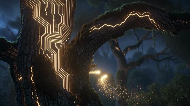 Magical enchanted forest with glowing trees representing digital data and circuit board patterns for technology concept.