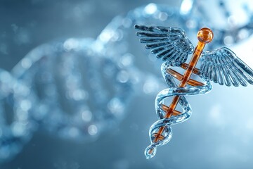 3D rendering of the caduceus medical symbol intertwined with DNA strands in a glowing blue background, representing healthcare, genetics, biotechnology, and medical science innovation