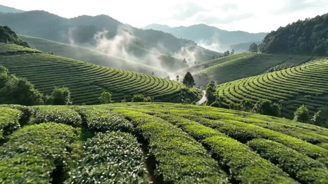 Breathtaking panoramic view of a tea plantation nestled amidst rolling green hills with morning mist