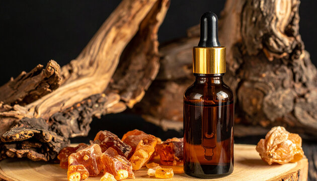 essential oil Myrrha, &Oacute;leo Essencial Mirra, Amber glass bottle pipette gold, resins myrrha Aromatherapy, wood tree trunck background