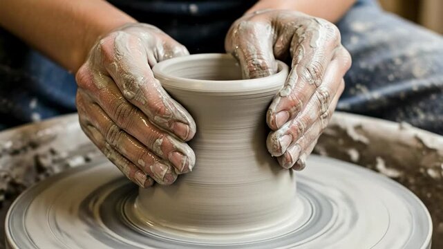 Pottery Crafting: Hands Shaping Clay on a Pottery Wheel at a Workshop