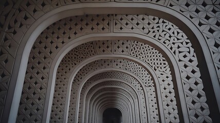 A long corridor features repeating stone arches with detailed geometric latticework carved into the inner surfaces leading into darkness.