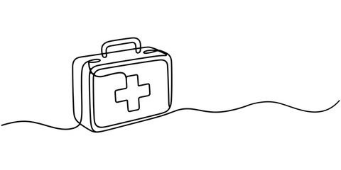 Obraz premium One continuous line drawing of first aid kit box. Single line of first aid kit box vector illustration, Simple line art illustration of medical kit symbolizing emergency preparedness and healthcare.
