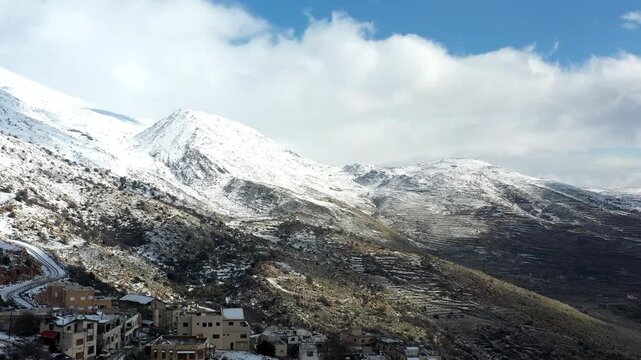 Aerial Snow Covered Mountains Above Majdal Shams Village

Aerial drone footage of snowy Golan Heights landscape near Majdal Shams 1.1.2026 Israel

