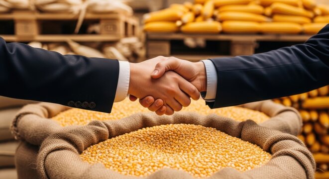 close-up of businessmen shaking hands over sacks of corn seeds, concept of agricultural trade deal and commodity business