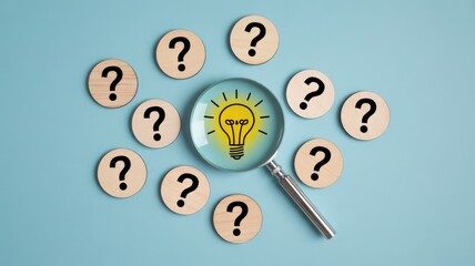 Fototapeta premium Idea and innovation concept with magnifying glass and question marks, creative problem solving for business strategy