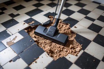 A vacuum cleaner is shown cleaning a dirty, checkered tile floor covered in dust and dirt.
