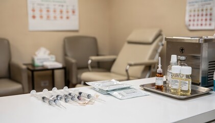 Immunotherapy section of allergy treatment room focused on injection preparation tools with testing panels and seating softened in background.
