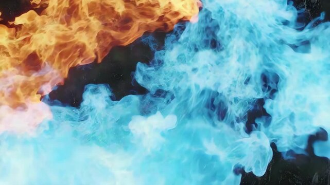 Abstract rendering showing contrasting orange flame dissolving into swirling blue water vapor smoke against dark background.