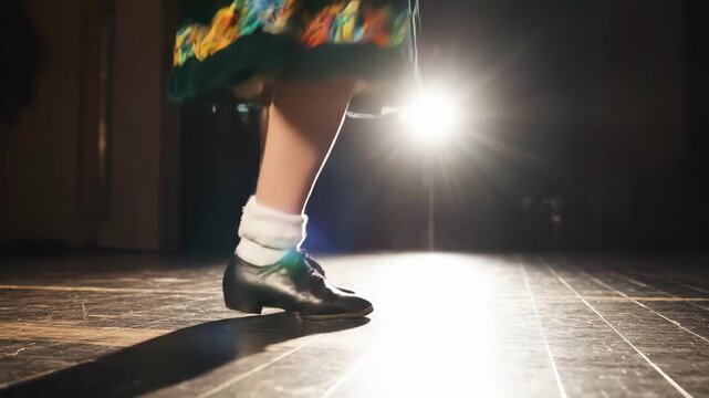 Close-up of Irish step dancer's feet performing on a dark stage. Traditional Irish dancing in hard shoes and poodle socks with spotlight. St. Patrick's Day cultural performance concept