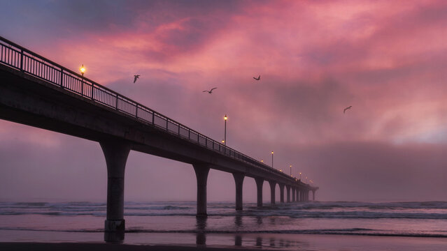 Moody Sunrise at New Brighton Pier, Christchurch - pastel sky & seagulls flying
