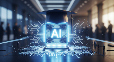 AI in Education: A captivating visual metaphor depicting the fusion of artificial intelligence and education, symbolized by a digital processor core, a graduation cap, and a university hall.