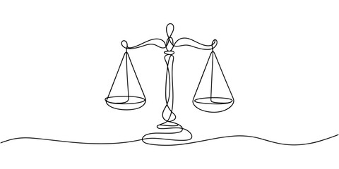 One continuous line drawing of antique balance scale. symbol of law, justice, fairness, and weighing decisions. minimalist design illustration. Vector, illustration