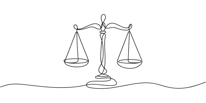 One continuous line drawing of antique balance scale. symbol of law, justice, fairness, and weighing decisions. minimalist design illustration. Vector, illustration