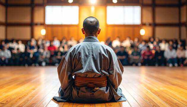 観客に向き合う落語家の背中と高座の風景