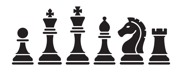 Black and white vector illustration of chess pieces set with pawn king queen bishop knight and rook on board