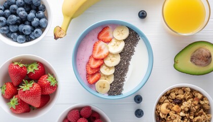 Healthy Breakfast Flatlay with Fruits and Smoothie