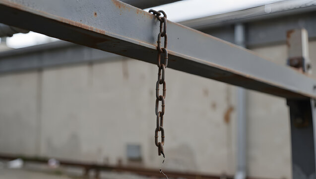 A broken chain dangling from a metal beam