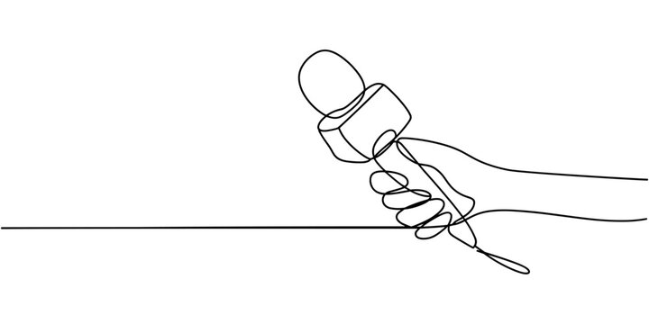 microphone news continuous one line drawing, Set of drawing of hands holding news microphone in continuous one line drawing style. Journalist, reporter concept. Vector illustration.