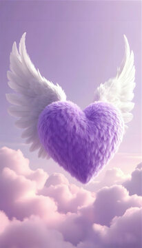 violet heart in the clouds with wings