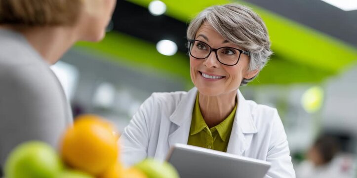 Professional dietitian smiling and talking with a client about healthy food and a proper diet